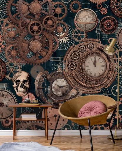 mural de papel pintado de engranajes y calaveras de cobre llamado Copper Steampunk de Andrea Haase para dormitorios mural de papel pintado de engranajes y calaveras de cobre llamado Copper Steampunk de Andrea Haase para dormitorios