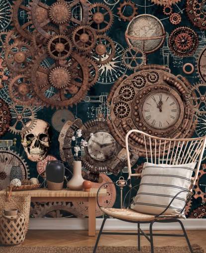 kobberhjul og kranier tapetmaleri kaldet Copper Steampunk af Andrea Haase til soveværelser kobberhjul og kranier tapetmaleri kaldet Copper Steampunk af Andrea Haase til soveværelser