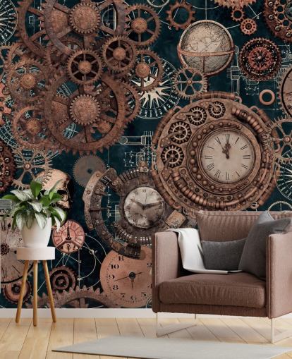 copper cogs and skulls wallpaper mural called Copper Steampunk by Andrea Haase for bedrooms