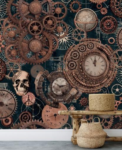 copper cogs and skulls wallpaper mural called Copper Steampunk by Andrea Haase for bedrooms