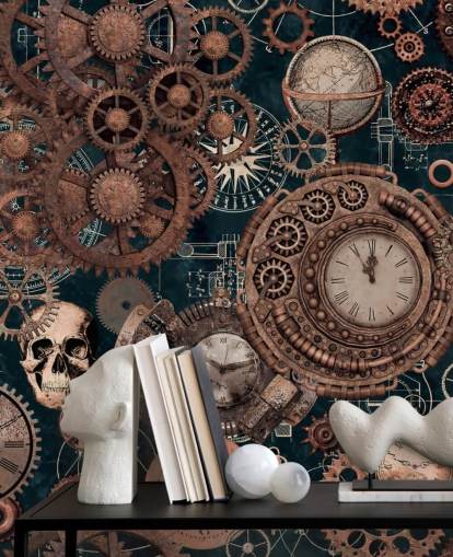 copper cogs and skulls wallpaper mural called Copper Steampunk by Andrea Haase for bedrooms copper cogs and skulls wallpaper mural called Copper Steampunk by Andrea Haase for bedrooms