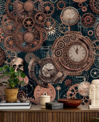 kobber tannhjul og hodeskaller tapetmaleri kalt Copper Steampunk av Andrea Haase for soverom