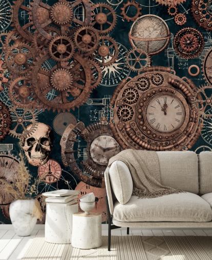 koperen radertjes en schedels behangmuurschildering genaamd Copper Steampunk van Andrea Haase voor slaapkamers