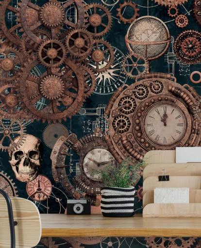 mural de papel de parede de engrenagens e caveiras de cobre chamado Copper Steampunk de Andrea Haase para quartos