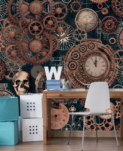 mural de papel pintado de engranajes y calaveras de cobre llamado Copper Steampunk de Andrea Haase para dormitorios mural de papel pintado de engranajes y calaveras de cobre llamado Copper Steampunk de Andrea Haase para dormitorios