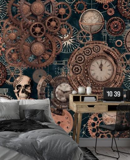 copper cogs and skulls wallpaper mural called Copper Steampunk by Andrea Haase for bedrooms
