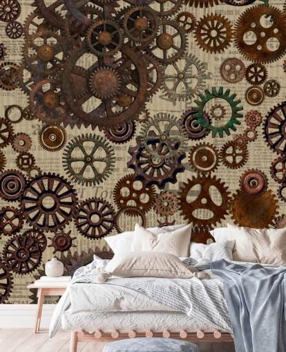 mural de papel pintado marrón oxidado llamado Rusty Steampunk Gears de Andrea Haase para dormitorios y oficinas en casa