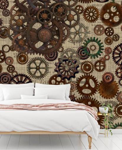 mural de papel pintado marrón oxidado llamado Rusty Steampunk Gears de Andrea Haase para dormitorios y oficinas en casa