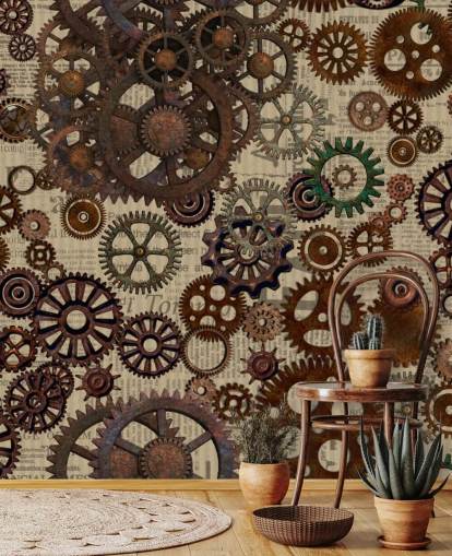 brown rusty cogs wallpaper mural called Rusty Steampunk Gears by Andrea Haase for bedrooms and home offices
