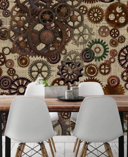 mural de papel pintado marrón oxidado llamado Rusty Steampunk Gears de Andrea Haase para dormitorios y oficinas en casa