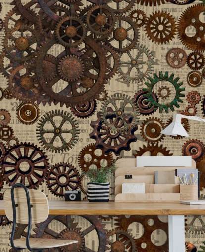 brown rusty cogs wallpaper mural called Rusty Steampunk Gears by Andrea Haase for bedrooms and home offices