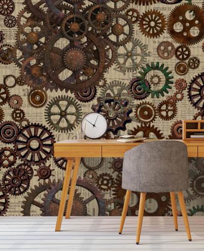 Braunes Tapeten-Wandbild mit rostigen Zahnrädern namens Rusty Steampunk Gears von Andrea Haase für Schlafzimmer und Heimbüros