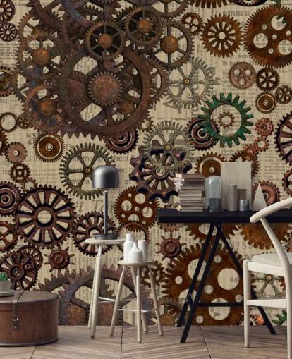 mural de papel pintado marrón oxidado llamado Rusty Steampunk Gears de Andrea Haase para dormitorios y oficinas en casa