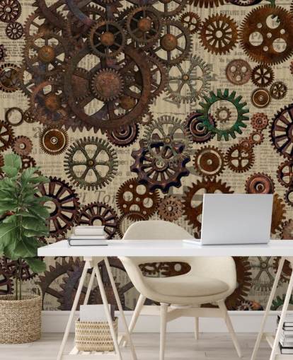brown rusty cogs wallpaper mural called Rusty Steampunk Gears by Andrea Haase for bedrooms and home offices
