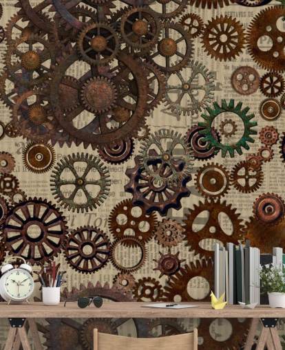 brown rusty cogs wallpaper mural called Rusty Steampunk Gears by Andrea Haase for bedrooms and home offices brown rusty cogs wallpaper mural called Rusty Steampunk Gears by Andrea Haase for bedrooms and home offices