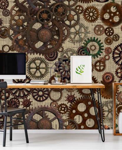 mural de papel de parede de engrenagens enferrujadas marrons chamado Rusty Steampunk Gears de Andrea Haase para quartos e escritórios domésticos