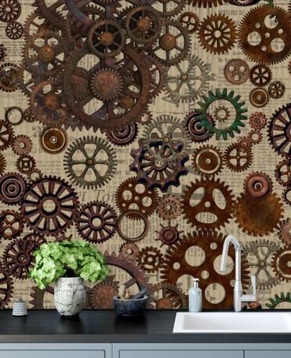 bruna rostiga kuggar tapetväggmålning som heter Rusty Steampunk Gears av Andrea Haase för sovrum och hemmakontor bruna rostiga kuggar tapetväggmålning som heter Rusty Steampunk Gears av Andrea Haase för sovrum och hemmakontor