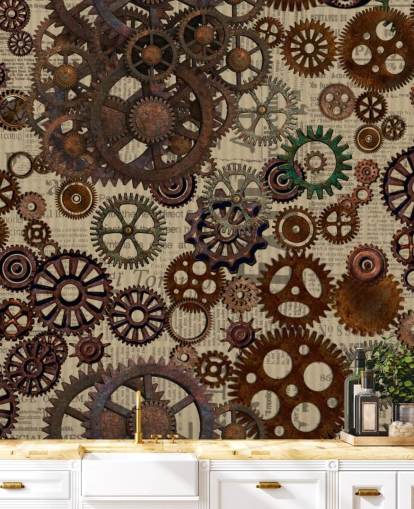 carta da parati murale con ingranaggi arrugginiti marrone chiamato Rusty Steampunk Gears di Andrea Haase per camere da letto e uffici domestici