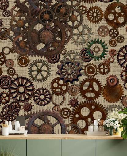 brown rusty cogs wallpaper mural called Rusty Steampunk Gears by Andrea Haase for bedrooms and home offices brown rusty cogs wallpaper mural called Rusty Steampunk Gears by Andrea Haase for bedrooms and home offices