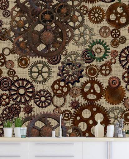 mural de papel pintado marrón oxidado llamado Rusty Steampunk Gears de Andrea Haase para dormitorios y oficinas en casa