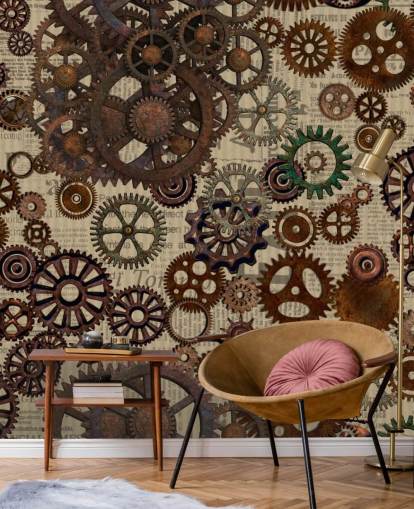 mural de papel de parede de engrenagens enferrujadas marrons chamado Rusty Steampunk Gears de Andrea Haase para quartos e escritórios domésticos