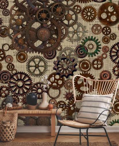 carta da parati murale con ingranaggi arrugginiti marrone chiamato Rusty Steampunk Gears di Andrea Haase per camere da letto e uffici domestici