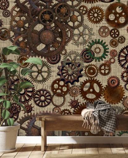 bruna rostiga kuggar tapetväggmålning som heter Rusty Steampunk Gears av Andrea Haase för sovrum och hemmakontor bruna rostiga kuggar tapetväggmålning som heter Rusty Steampunk Gears av Andrea Haase för sovrum och hemmakontor
