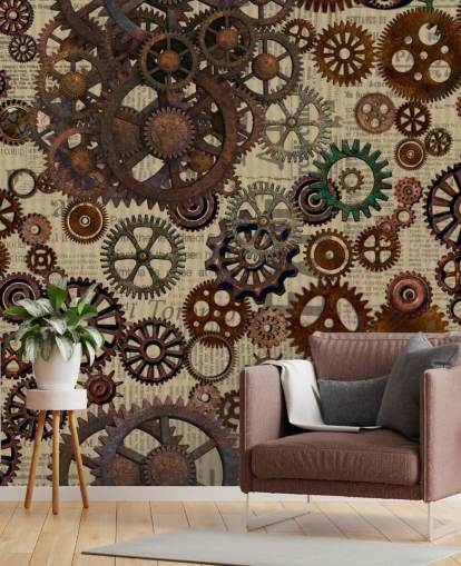 brown rusty cogs wallpaper mural called Rusty Steampunk Gears by Andrea Haase for bedrooms and home offices