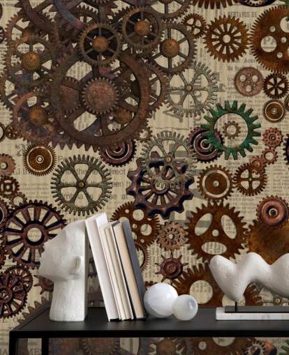 brown rusty cogs wallpaper mural called Rusty Steampunk Gears by Andrea Haase for bedrooms and home offices brown rusty cogs wallpaper mural called Rusty Steampunk Gears by Andrea Haase for bedrooms and home offices