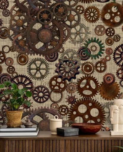 mural de papel pintado marrón oxidado llamado Rusty Steampunk Gears de Andrea Haase para dormitorios y oficinas en casa mural de papel pintado marrón oxidado llamado Rusty Steampunk Gears de Andrea Haase para dormitorios y oficinas en casa