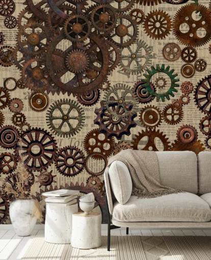 mural de papel pintado marrón oxidado llamado Rusty Steampunk Gears de Andrea Haase para dormitorios y oficinas en casa mural de papel pintado marrón oxidado llamado Rusty Steampunk Gears de Andrea Haase para dormitorios y oficinas en casa