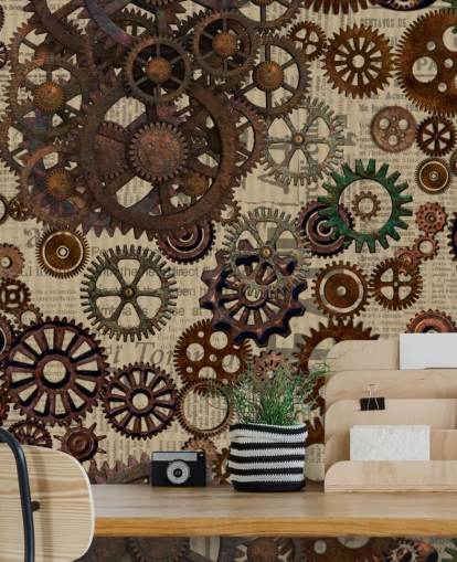mural de papel pintado marrón oxidado llamado Rusty Steampunk Gears de Andrea Haase para dormitorios y oficinas en casa