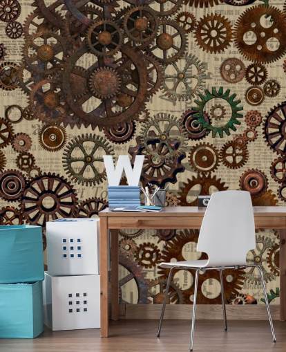 carta da parati murale con ingranaggi arrugginiti marrone chiamato Rusty Steampunk Gears di Andrea Haase per camere da letto e uffici domestici