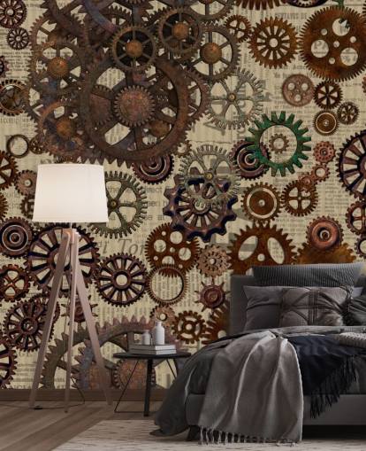 brown rusty cogs wallpaper mural called Rusty Steampunk Gears by Andrea Haase for bedrooms and home offices