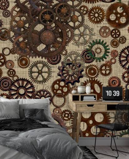 bruna rostiga kuggar tapetväggmålning som heter Rusty Steampunk Gears av Andrea Haase för sovrum och hemmakontor