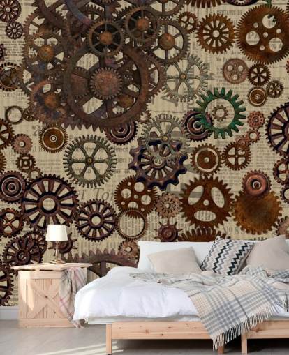 brown rusty cogs wallpaper mural called Rusty Steampunk Gears by Andrea Haase for bedrooms and home offices