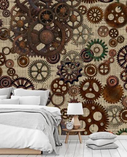 brown rusty cogs wallpaper mural called Rusty Steampunk Gears by Andrea Haase for bedrooms and home offices