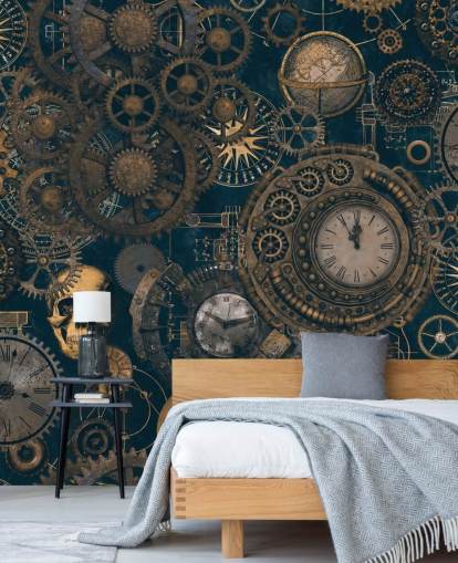 mural de pared steampunk azul marino y dorado llamado Steampunk de Andrea Haase para dormitorios y salas de estar