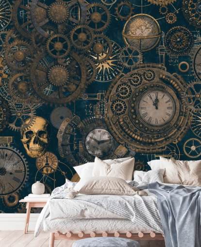 marineblå og gull steampunk veggmaleri kalt Steampunk av Andrea Haase for soverom og stuer marineblå og gull steampunk veggmaleri kalt Steampunk av Andrea Haase for soverom og stuer