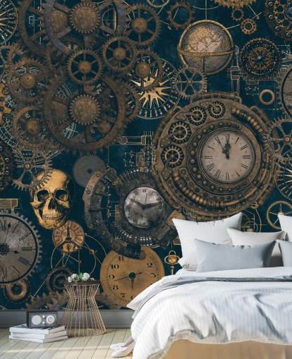 Andrea Haasen laivastonsininen ja kultainen steampunk-seinämaalaus nimeltä Steampunk makuuhuoneisiin ja olohuoneisiin
