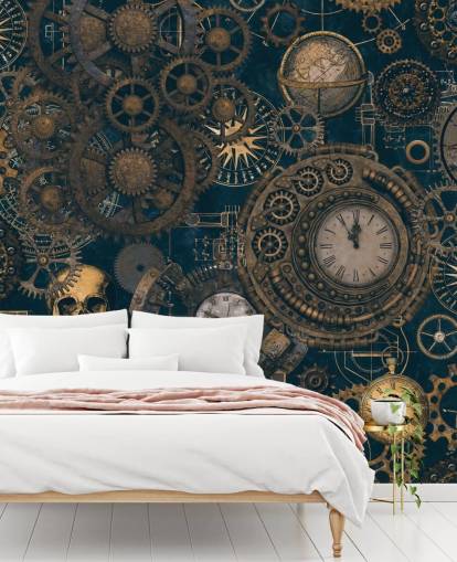 Steampunk-Wandbild in Marineblau und Gold namens Steampunk von Andrea Haase für Schlafzimmer und Wohnzimmer