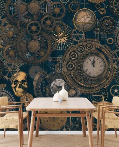 Steampunk-Wandbild in Marineblau und Gold namens Steampunk von Andrea Haase für Schlafzimmer und Wohnzimmer