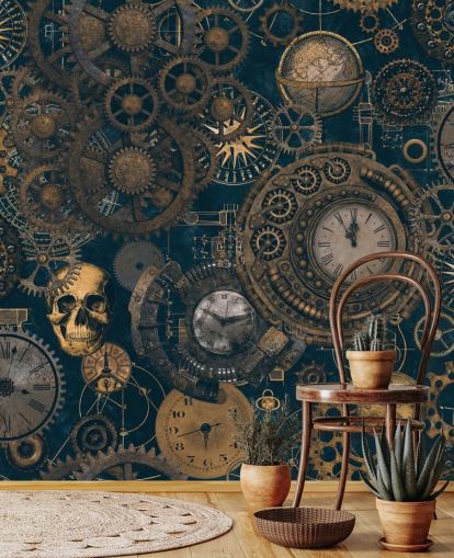 mural de parede steampunk azul marinho e dourado chamado Steampunk de Andrea Haase para quartos e salas de estar