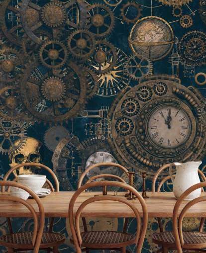 mural de pared steampunk azul marino y dorado llamado Steampunk de Andrea Haase para dormitorios y salas de estar