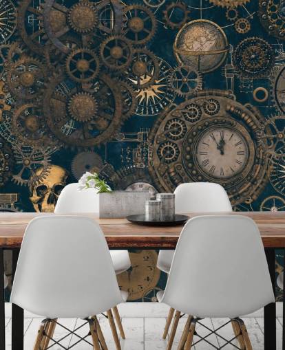 navy and gold steampunk wall mural called Steampunk by Andrea Haase for bedrooms and living rooms