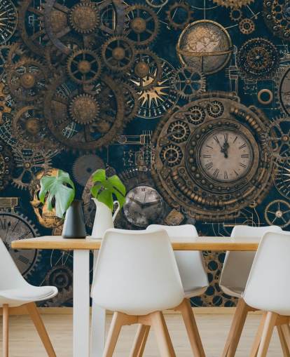 navy and gold steampunk wall mural called Steampunk by Andrea Haase for bedrooms and living rooms