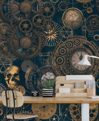 marineblå og guld steampunk vægmaleri kaldet Steampunk af Andrea Haase til soveværelser og stuer