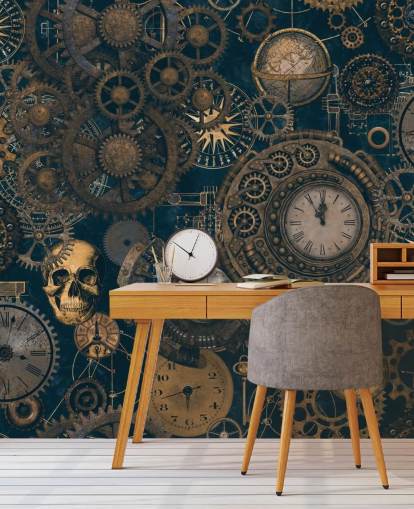 navy and gold steampunk wall mural called Steampunk by Andrea Haase for bedrooms and living rooms