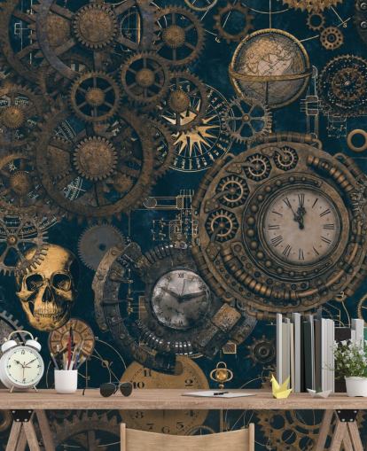 mural de pared steampunk azul marino y dorado llamado Steampunk de Andrea Haase para dormitorios y salas de estar mural de pared steampunk azul marino y dorado llamado Steampunk de Andrea Haase para dormitorios y salas de estar