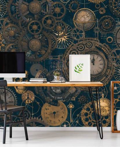 marineblauwe en gouden steampunk muurschildering genaamd Steampunk van Andrea Haase voor slaapkamers en woonkamers